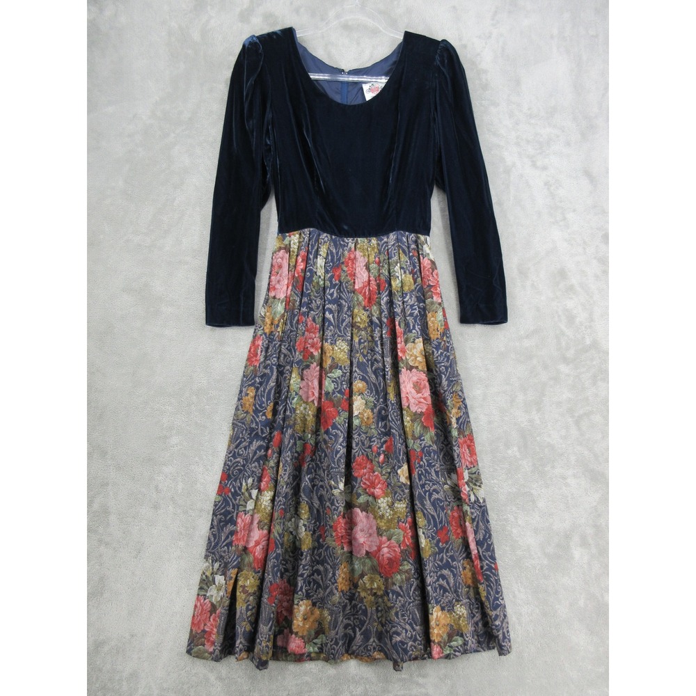 Vintage Lanz Dress Womens Size XS Velvet Floral Midi 80s Victorian Romantic Blue